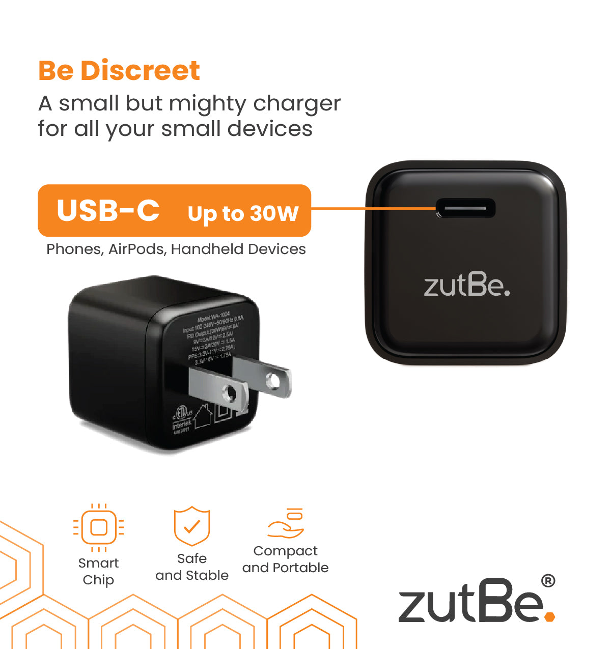 zutBe 30W Mini Wall Charger with Fixed Prongs