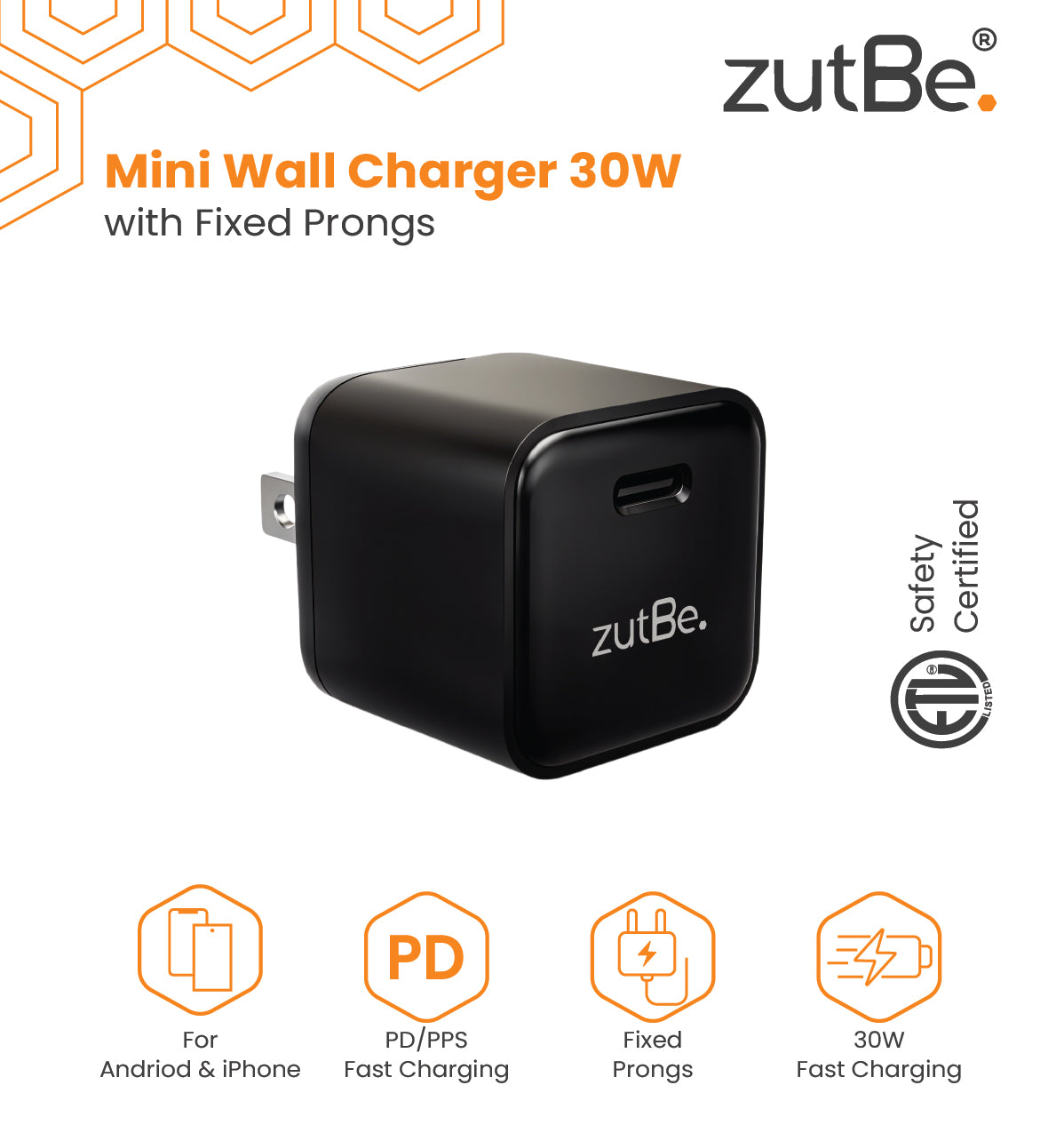 zutBe 30W Mini Wall Charger with Fixed Prongs