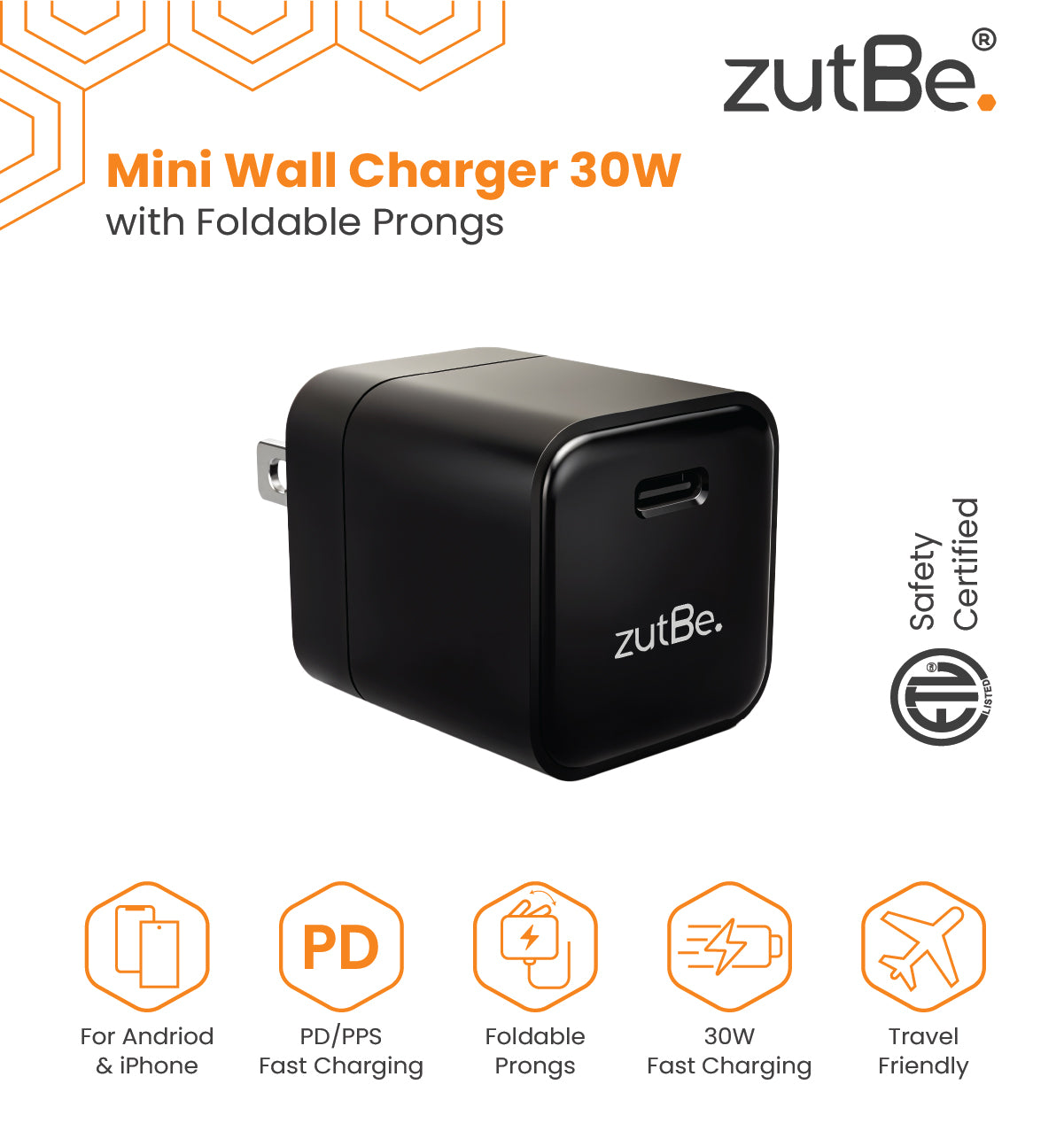 zutBe 30W Mini Wall Charger with Foldable Prongs