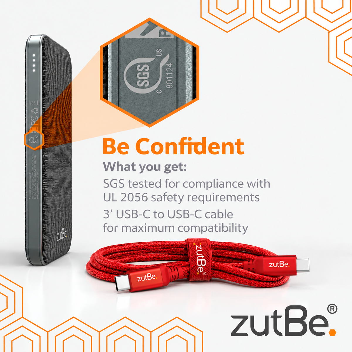 zutBe PowerTrip 10,000mAh portable power bank showing its slim side profile, SGS safety testing mark, and included charging cable.