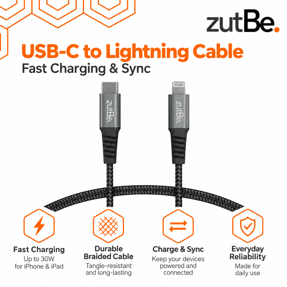 zutBe Shield 2 USB-C to Lightning braided charging cable in Black and Silver, featuring reinforced connectors, fast charging, and sync support.