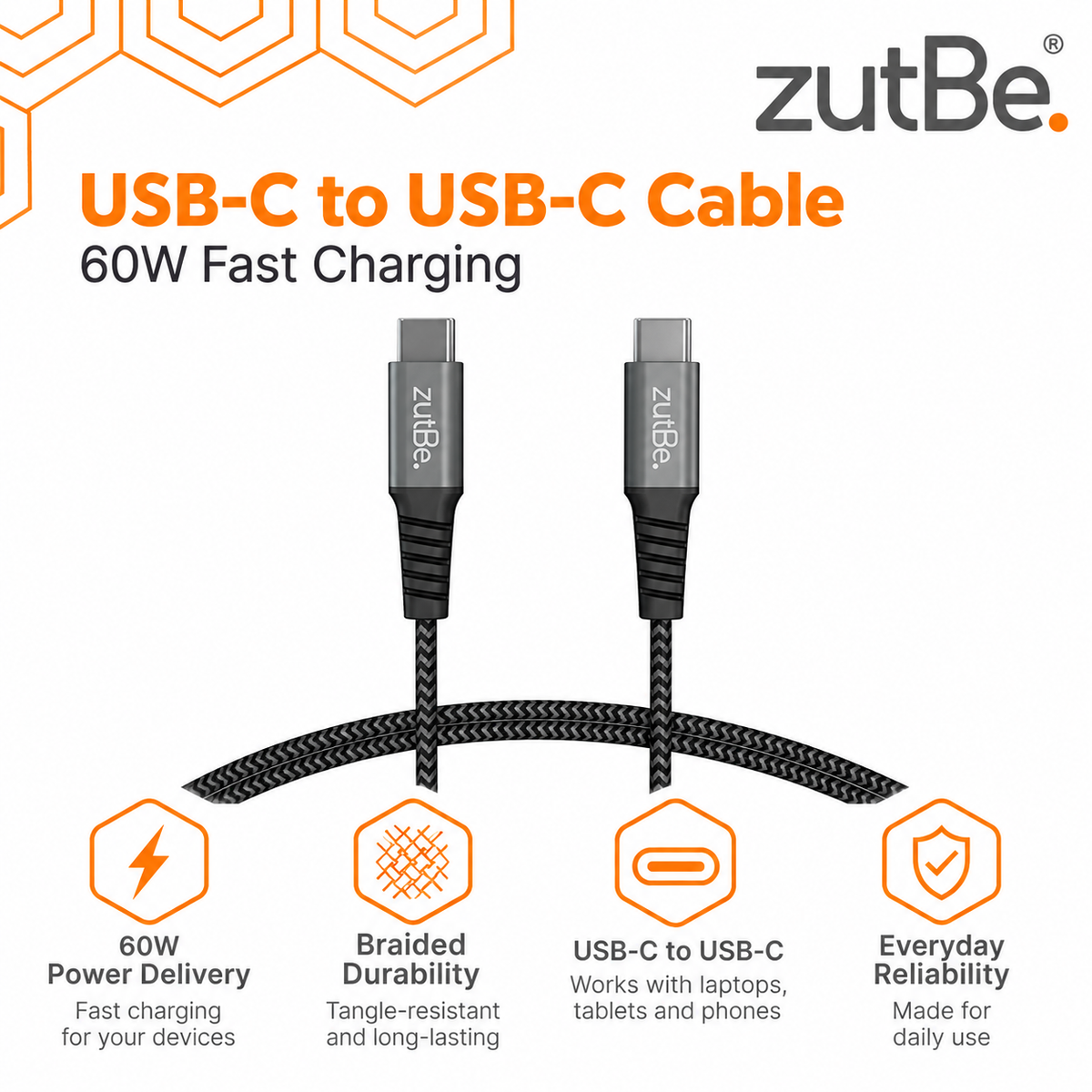 zutBe Shield 2 USB-C to USB-C 60W braided charging cable in black and silver with reinforced connectors and USB Power Delivery