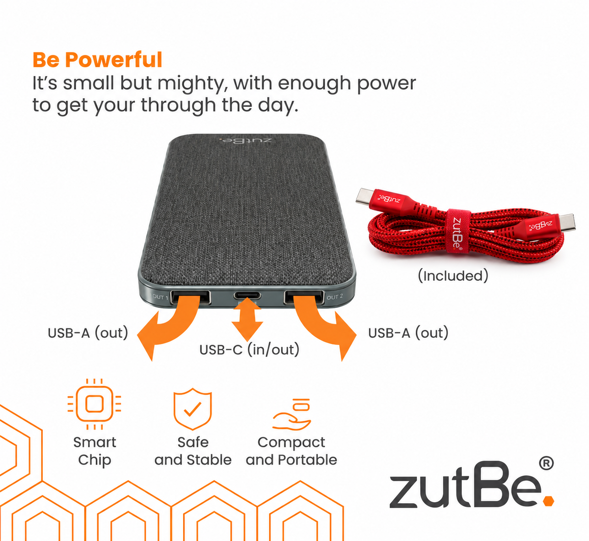 zutBe PowerTrip 10,000mAh portable power bank with 18W charging, two USB-A output ports, one USB-C input/output port, and included 3-foot red USB-C to USB-C braided cable.