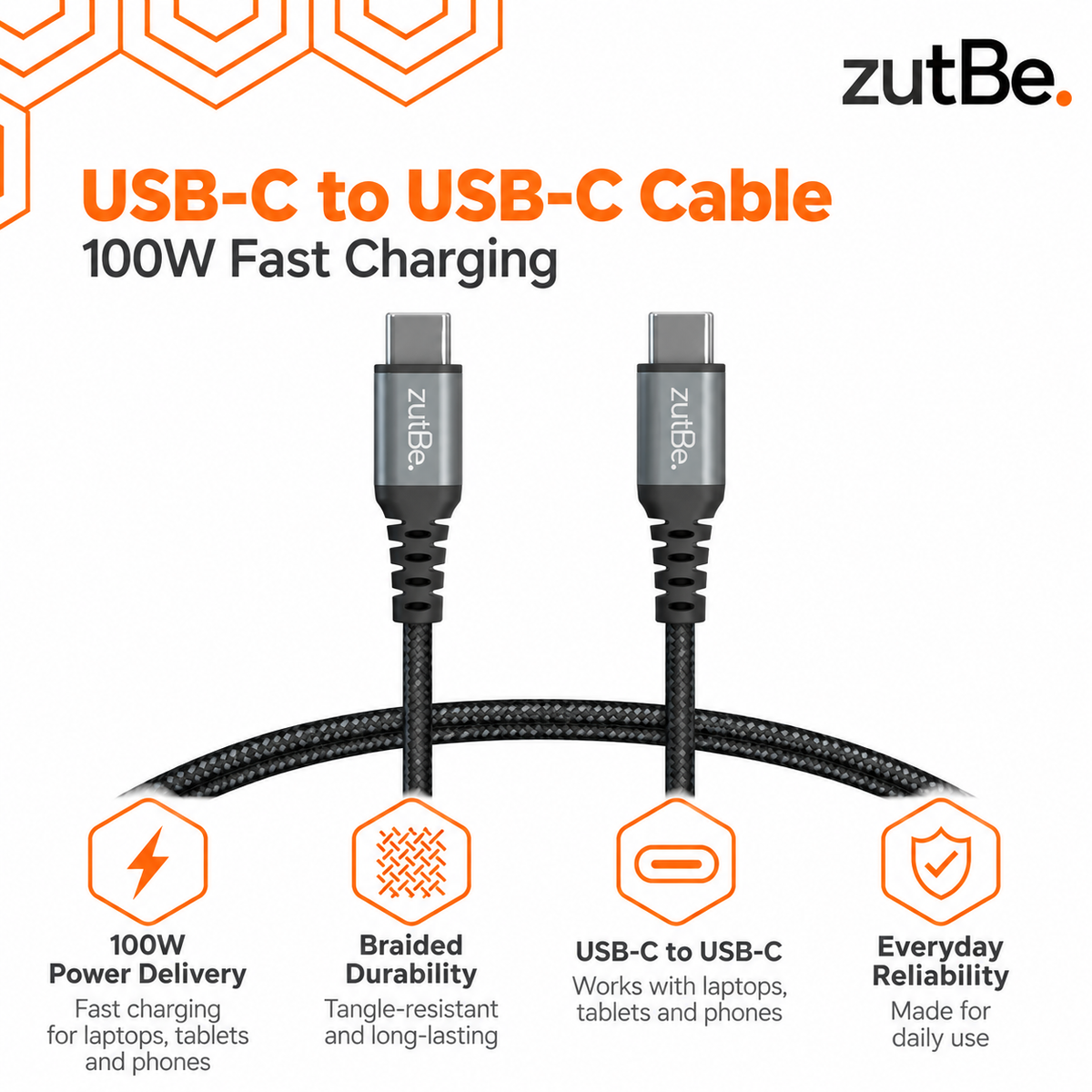 zutBe Shield 100W USB-C to USB-C braided charging cable in black, featuring Power Delivery fast charging, reinforced connectors, and durable construction.