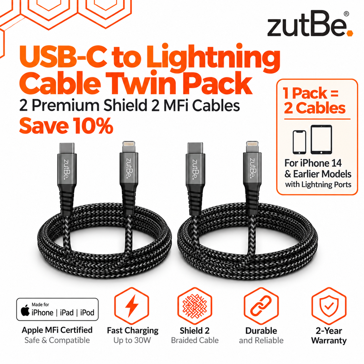 zutBe Shield 2 USB-C to Lightning Cable Twin Pack