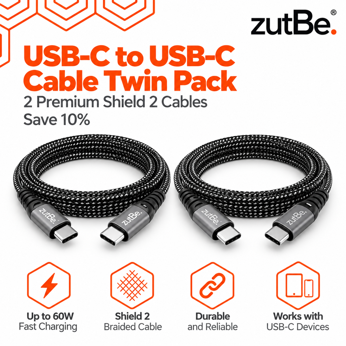 zutBe Shield 2 USB-C to USB-C Cable Twin Pack