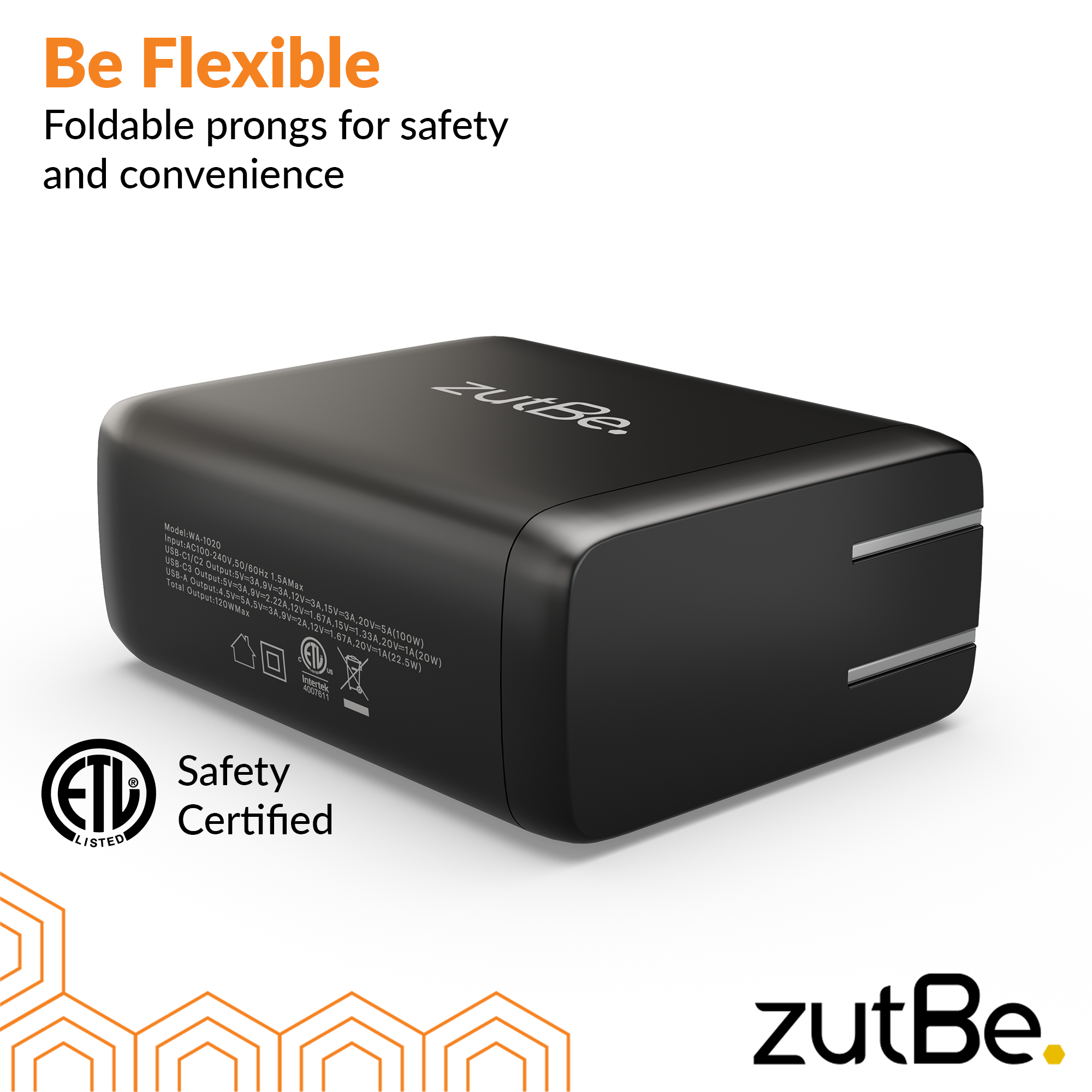 zutBe 120W GaN Wall Charger with dual USB-C and USB-A ports, delivering fast charging for multiple devices, including laptops and smartphones. Compact and lightweight design featuring foldable prongs, powered by efficient GaN technology for safe, high-speed charging