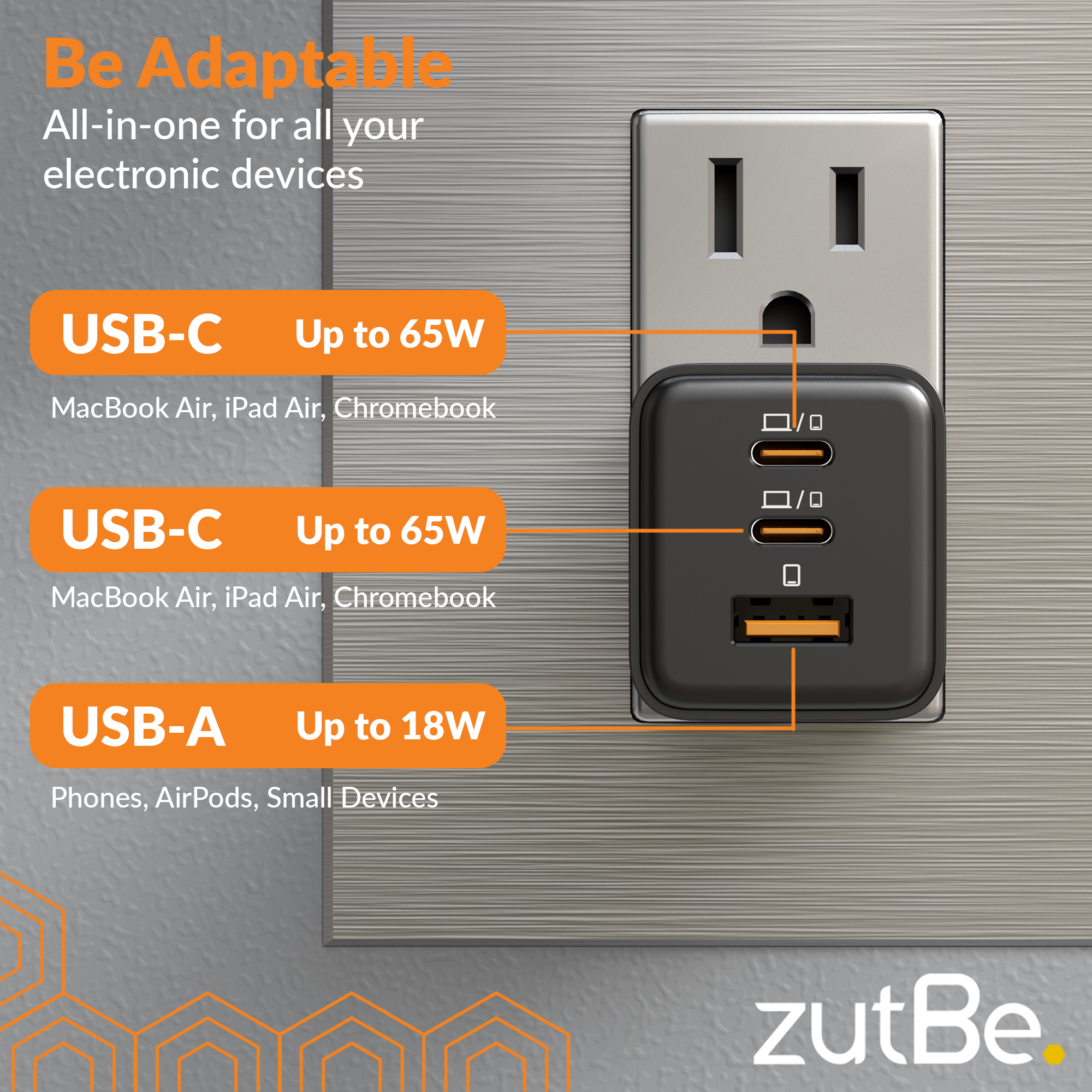 zutBe 65W GaN Wall Charger with 2 USB-C and 1 USB-A ports, compact and lightweight, offering fast charging for phones, laptops, and gaming devices. ETL certified with foldable prongs for easy storage.
capabilities for a range of devices from smartphones to laptops. Efficient GaN technology allows for smaller size and improved energy efficiency. port assignments 