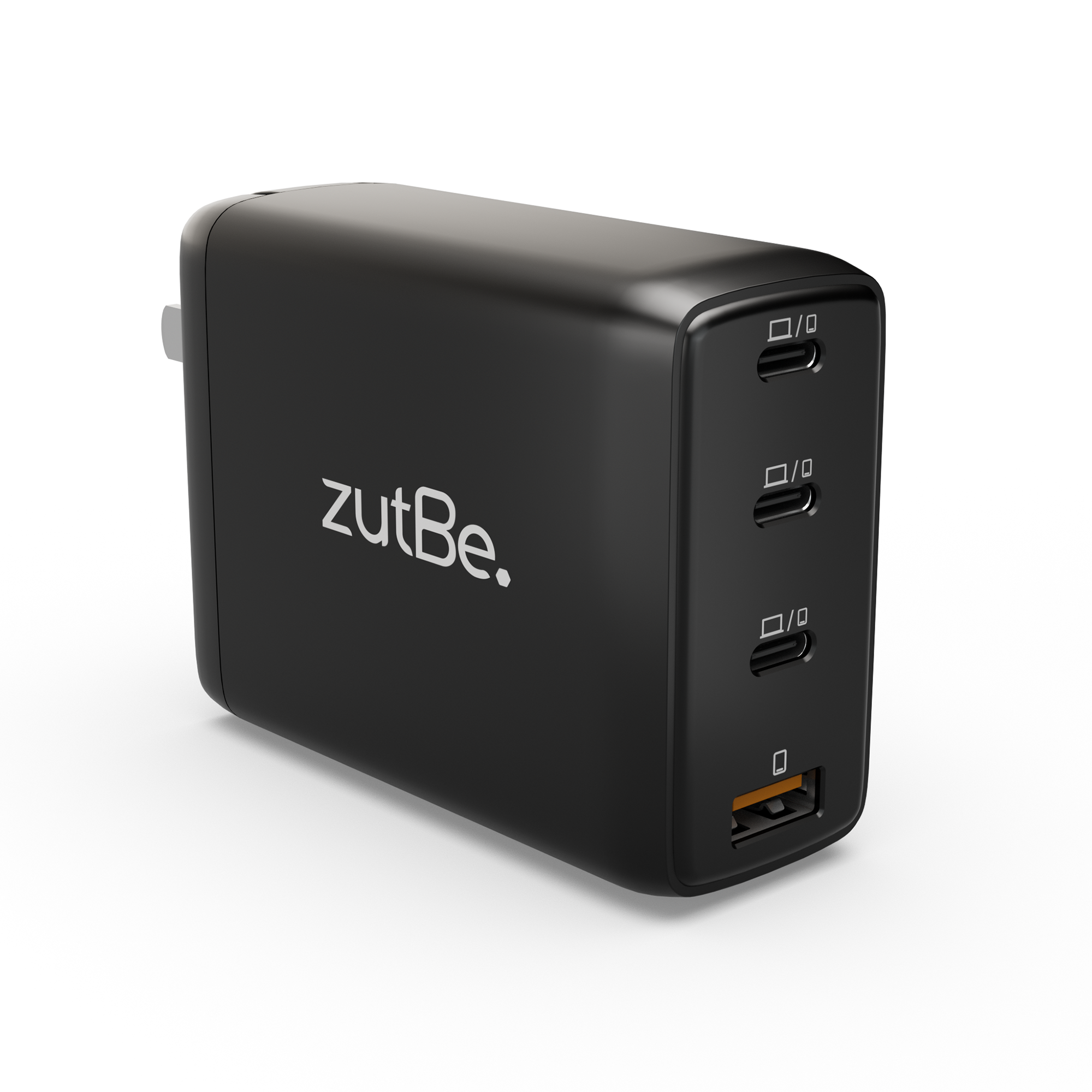 zutBe 120W GaN Wall Charger featuring two USB-C and one USB-A ports, compact black design with foldable prongs. Perfect for fast charging multiple devices including smartphones, laptops, and tablets. Lightweight and travel-friendly charger using GaN technology for efficiency and safety.