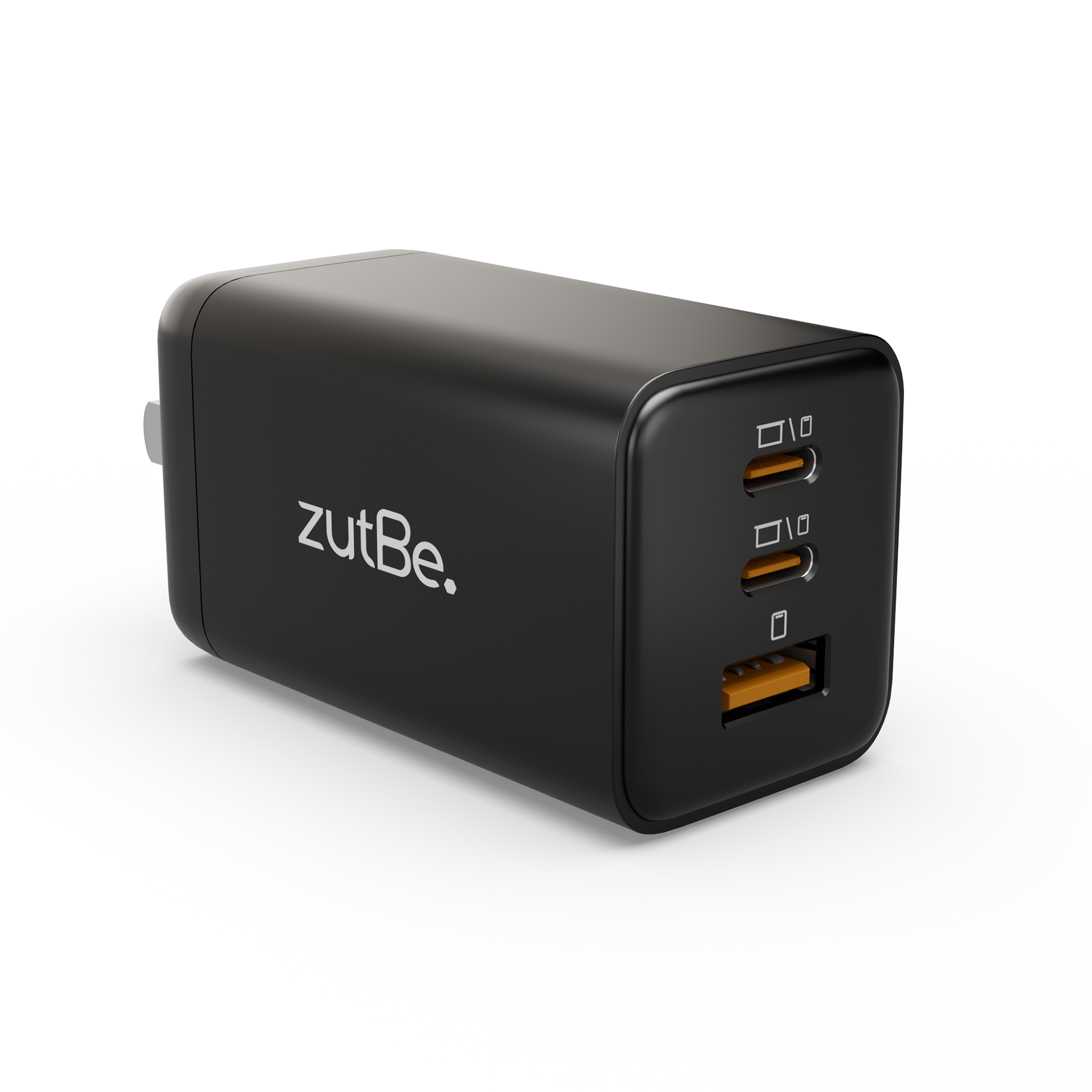 zutBe 65W GaN Wall Charger with 2 USB-C and 1 USB-A ports, compact and lightweight, offering fast charging for phones, laptops, and gaming devices. ETL certified with foldable prongs for easy storage.
capabilities for a range of devices from smartphones to laptops. Efficient GaN technology allows for smaller size and improved energy efficiency.