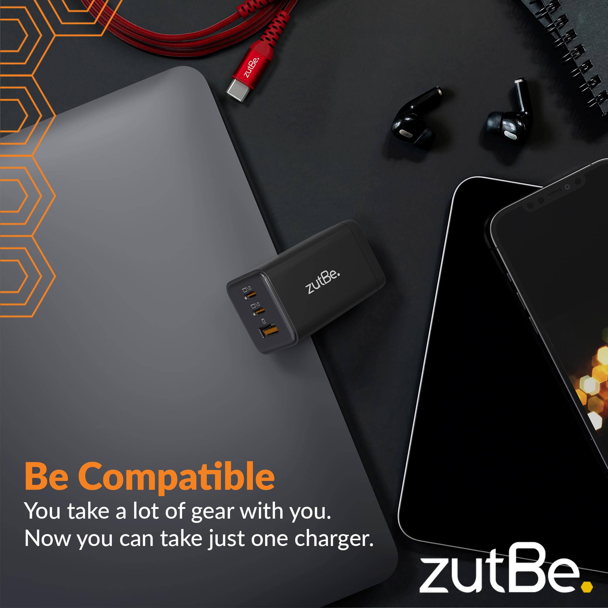 zutBe 65W GaN Wall Charger with 2 USB-C and 1 USB-A ports, compact and lightweight, offering fast charging for phones, laptops, and gaming devices. ETL certified with foldable prongs for easy storage.
capabilities for a range of devices from smartphones to laptops. Efficient GaN technology allows for smaller size and improved energy efficiency.. charging multiple devices at the same time including Mac Book 